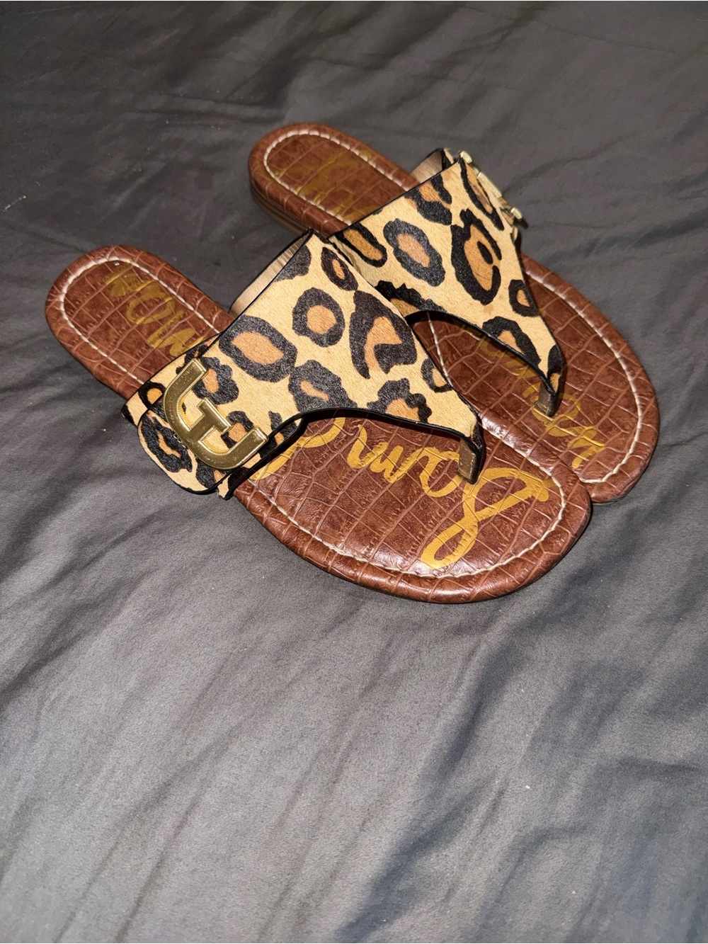 Sam Edalmen Leopard Print Slide Sandals - Brown/Beige